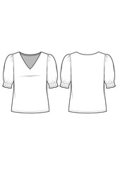 Womenswear v-neck short puff sleeve top technical drawing / flat sketch /CAD / ADOBE Illustrator vector digital download