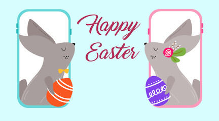Easter day vector concept: Two rabbits wearing while holding easter egg together on mobile phone, text Happy Easter