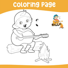 Coloring page outline of a cute little boy playing the guitar by the bonfire on the summer camp. Coloring book for kids. Vector black and white coloring page.