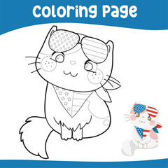 4th of July coloring page for kindergarten and preschool children. kawaii and cute kitten wearing glasses and scarf of American flag design for fourth of July. 