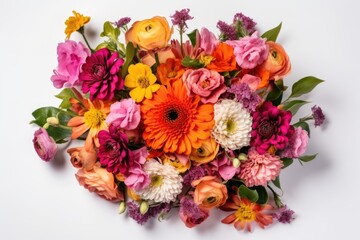Top view of beautiful flower bouquet isolated on white background. AI Generated.