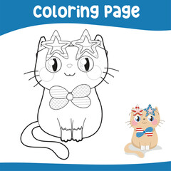 4th of July coloring page for kindergarten and preschool children. kawaii and cute kitten wearing glasses and bow tie of American flag design for fourth of July. 