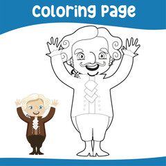 4th of July coloring page for kindergarten and preschool children. Coloring the 1st president of USA George Washington. America Independence Day colouring sheet 