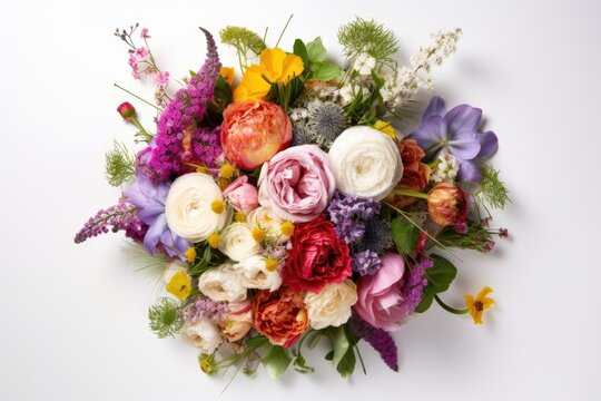 Top view of beautiful flower bouquet isolated on white background. AI Generated.