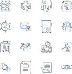 Law firm line icons collection. Advocacy, Counsel, Litigation, Legal, Justice, Integrity, Representation vector and linear illustration. Expertise,Defense,Advocates outline signs set