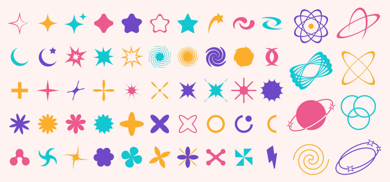 Set of brutalist abstract geometric shapes, bauhaus memphis geometric elements. Trendy minimalist basic figures, stars, lines, flowers, circles
