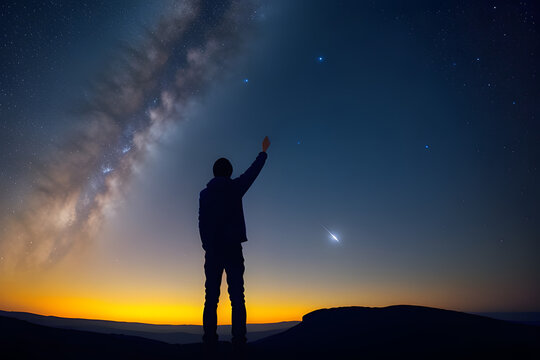 Man and the Universe. A person is standing on the top of the hill and pointing the Milky Way with his hand. Concept of human smallness.