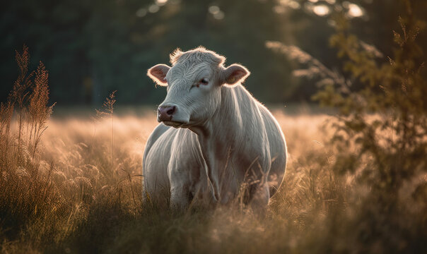 Charolais majestic breed of cattle grazing in verdant sun-drenched meadow. photograph transports viewers to tranquil world of rural France where Charolais thrives in harmony with nature. Generative AI