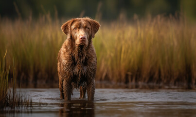 Photo of Chesapeake Bay retriever, majestically standing amidst the vast, marshy wetlands of the Chesapeake Bay. The background is a blurred, painterly representation of the wetlands. Generative AI