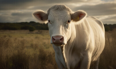 sunset close up photo of Charolais, breed of cattle,  in its natural habitat. Generative AI