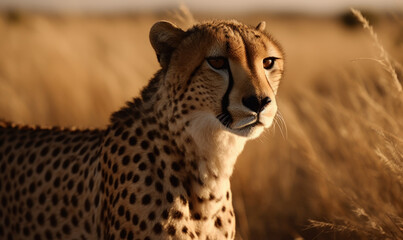 close up photo of cheetah during sunset on savannah background. Generative AI
