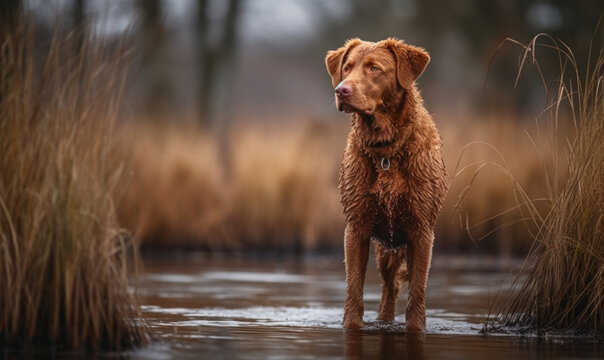 Photo of Chesapeake Bay retriever, majestically standing amidst the vast, marshy wetlands of the Chesapeake Bay. The background is a blurred, painterly representation of the wetlands. Generative AI