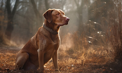 photo of sitting Chesapeake Bay retriever in its natural habitat. Generative AI
