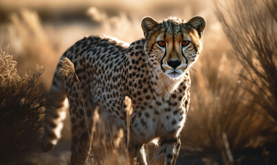 sunset photo of cheetah standing on African savannah. Generative AI