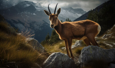 photo of chamois (genus Rupicapra) standing on a rock in the mountains. Generative AI