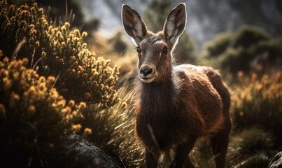 photo of chamois (genus Rupicapra) in its natural habitat. Generative AI