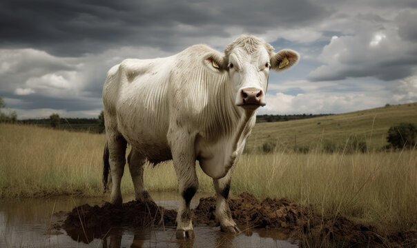 photo of Charolais, breed of cattle,  in its natural habitat. Generative AI