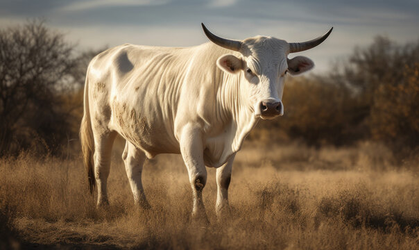 sunset photo of Charolais, breed of cattle,  in its natural habitat. Generative AI