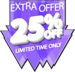 Sale 25% off, discount tag on transparent background. Promotion sign for shop or online store, PNG illustration