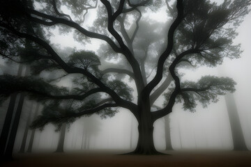 Tree in the foggy winter day