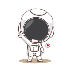 Cute astronaut say hello cartoon character.  Space concept design. Hand drawn flat adorable chibi vector illustration. Isolated white background