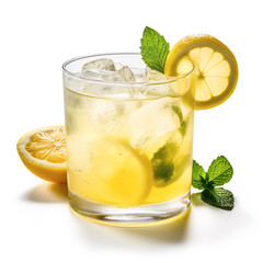 A refreshing glass of lemonade captured in a bright and airy shot on a white background, perfectly showcasing its zesty citrus flavor and vibrant yellow color.