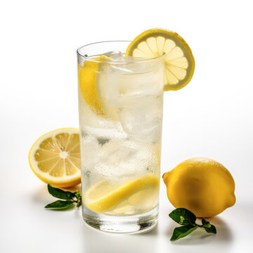 A refreshing glass of lemonade captured in a bright and airy shot on a white background, perfectly showcasing its zesty citrus flavor and vibrant yellow color.