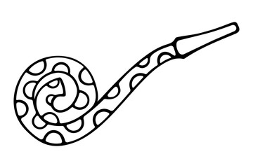 Carnival tongue for a party. Sketch. Plastic pipe with a long paper tongue. With circle pattern. Vector illustration. Tongue honk. Doodle style. Outline on isolated background. Coloring book 
