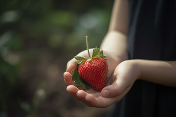 Close-up on the strawberries in hands of girl in the field, created with Generative AI Technology