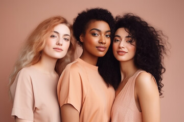 Portrait of caucasian, mestizo and black young women on beige backgorund, concept of diversity of races,  created with Generative AI Technology