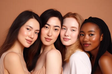 Fototapeta premium portrait of a stylish group of Asian women on a beige background, created with Generative AI Technology