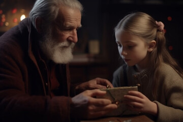 Grandfather gives his granddaughter a Christmas present, created with Generative AI Technology