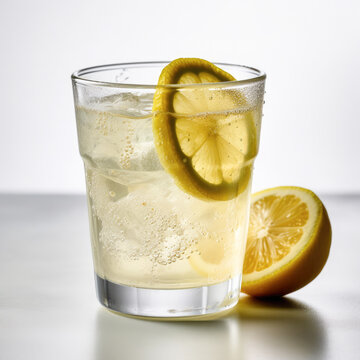 A refreshing glass of lemonade captured in a bright and airy shot on a white background, perfectly showcasing its zesty citrus flavor and vibrant yellow color. 