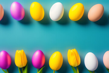 beautiful easter layout with tulips and painted eggs on bright yellow background. top view. copy space. flat lay