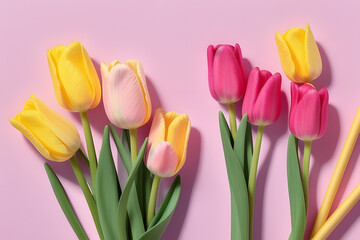 Spring mood concept. Top view vertical photo of fresh flowers colorful tulips on isolated pastel pink background with copyspace in the middle