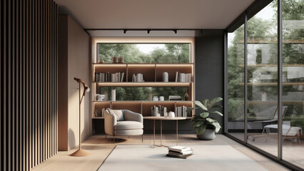 Obraz na płótnie Canvas Minimalistic private library with wood finish interior, open to garden with floor-to-ceiling glass windows, photorealistic illustration, Generative AI