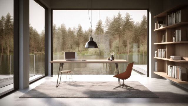 A private and peaceful lakeside nook, with floor-to-ceiling glass windows, minimalistic design, a compact desk, and wall-mounted bookshelves, photorealistic illustration, Generative AI