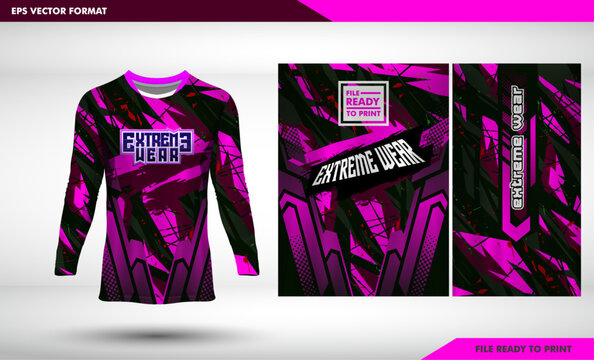 black magenta grunge texture Long sleeve t-shirt design template, Motorcycle racing , mtb, grunge texture jersey mockup. gaming uniform front view.
