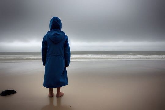 Lonely hooded boy turned on his back looking out to sea on a gray and cloudy day.