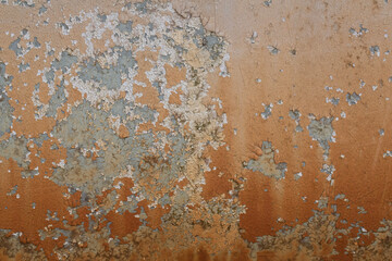 Rusted steel plate. Abandoned house, ruins. Metal. Background material. Stone, rock, etc… Brown. 