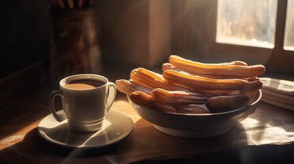 The best churros in the world accompanied by a cup of hot chocolate. tasty breakfast in white plate on rustic wooden table. Diffused light coming through the window. created with ai
