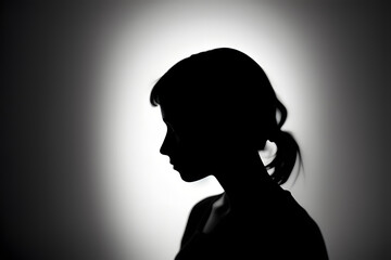 Silhouette of a girl in a dark room under the light, Generative ai