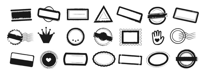 Empty rubber stamp vector illustration with grunge texture. Black ink frame. Vintage seal. Round, circle, rectangle, oval, triangle, square, crown, heart, wave shape. Set of blank postmark template