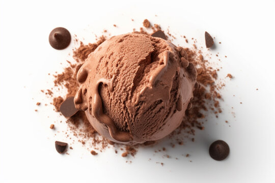 Ice cream chocolate scoop isolated on white background, top view image. Tasty chocolate desserts concept, closeup studio shot. Summer dessert, chocolate pralines.