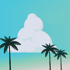 Seaside landscape illustration with palm trees growing. There are big clouds in the blue sky.