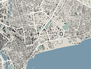 Accra, Ghana, map. Detailed map of Accra city administrative area. Cityscape urban panorama. Outline map with buildings, water, forest.