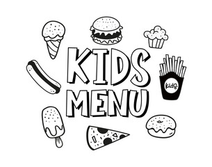 Kids menu. Logo for banner, flyer, poster design. Meal menu vector template. Kids food concept. Cute colorful illustration. Children nutrition logo symbol. Funny label kids food menu.