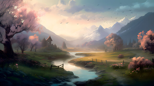 sunrise in the mountains, spring. Illustration. Generative AI