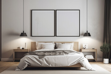 A rustic bedroom with a mockup poster frame hanging above a wooden bed. The soft lighting and green plant create a serene atmosphere. This mockup is AI generative.