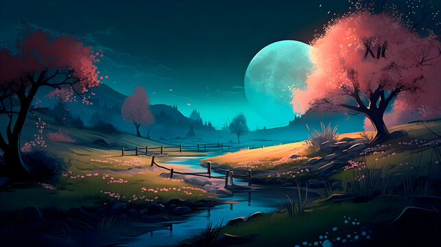 Illustration of a spring night landscape. Generative AI
